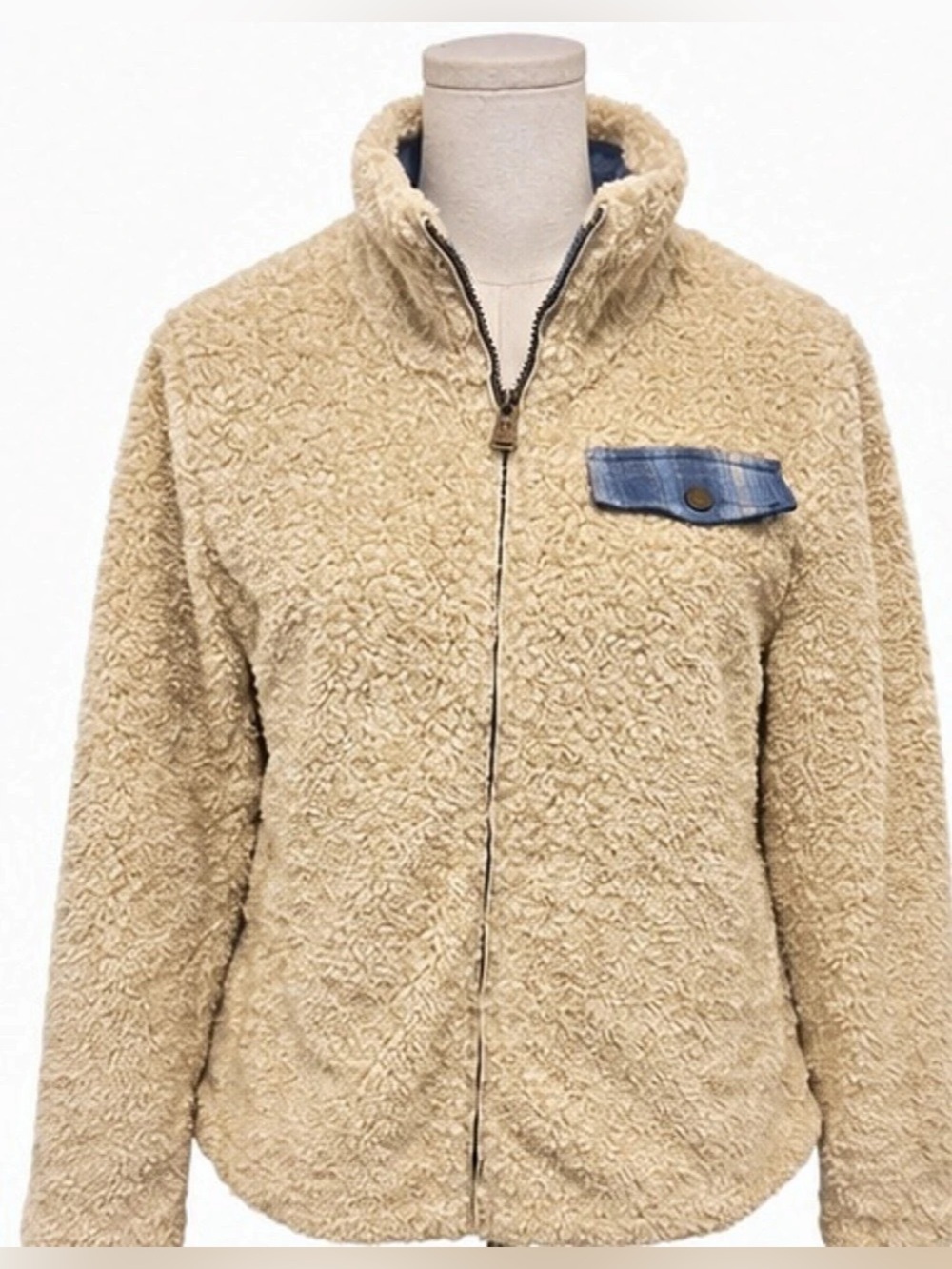 Pendleton Plaid Teddy Jacket in Beige & Blue Medium